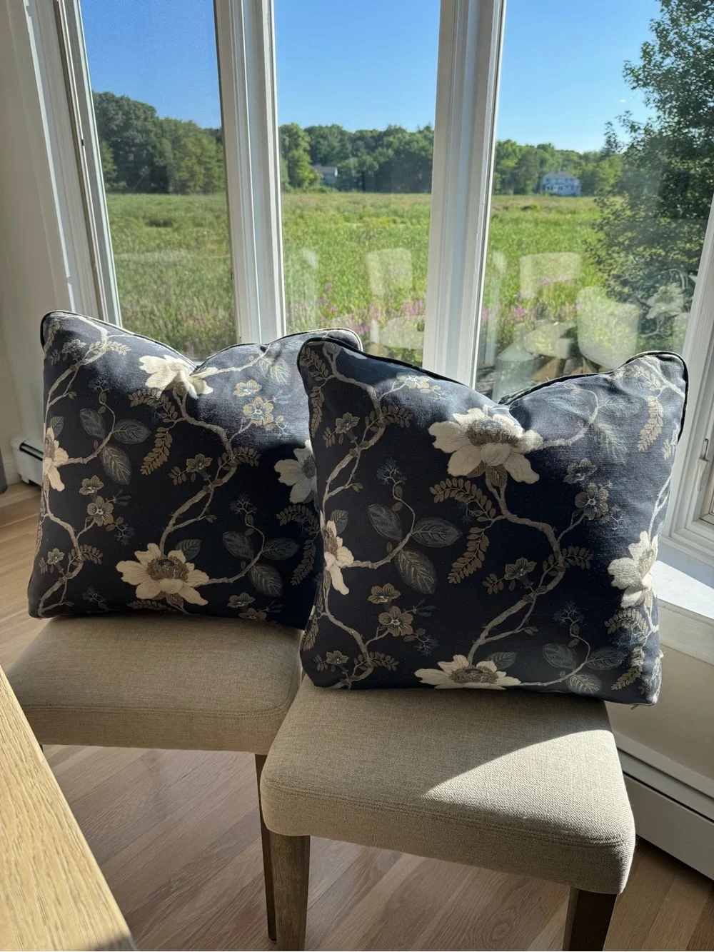 Navy Blue Floral Throw Pillow cover Pair with Cream Accents